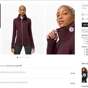 Lululemon Radiant Jacket II Zip Front Cotton Jacket Cassis Size 8